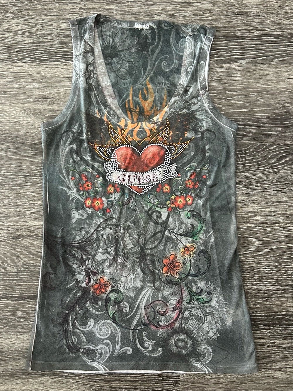 Y2K Guess Bling Tank Top Semi Sheer Grunge Hipster Punk Rock Tattoo Art 2000s